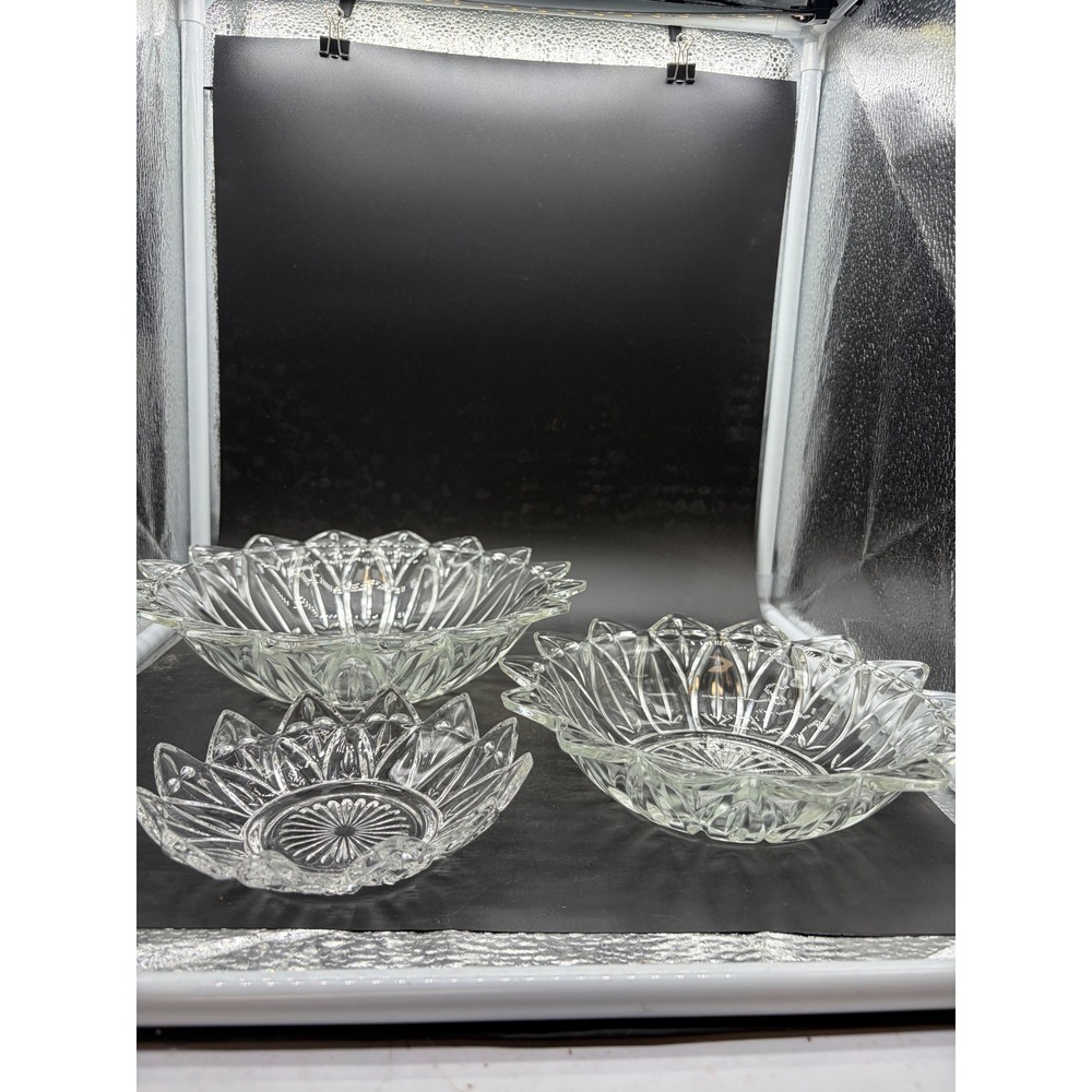 Vintage Federal Glass Petal Clear Pressed Glass Serving Bowls Set of 3